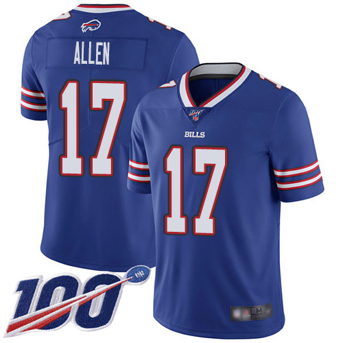 Men Buffalo Bills #17 Josh Allen Royal Blue Team Color Vapor Untouchable Limited Player 100th Season NFL Jersey